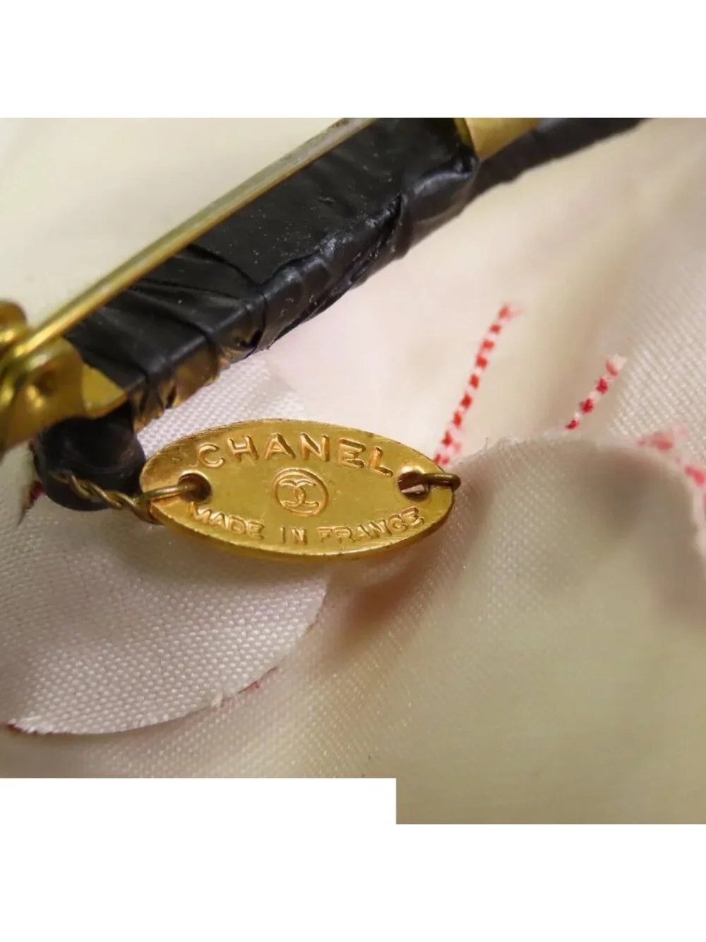 Chanel Camellia Corsage Red White Gold Canvas CC Logo Brooch
